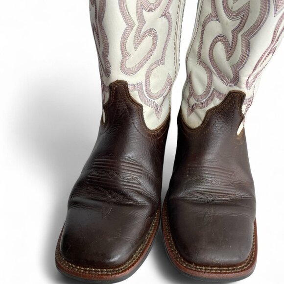 Laredo White Brown Square Toe Leather Western Cowboy Cowgirl Boots Women's 8 M - Picture 4 of 13